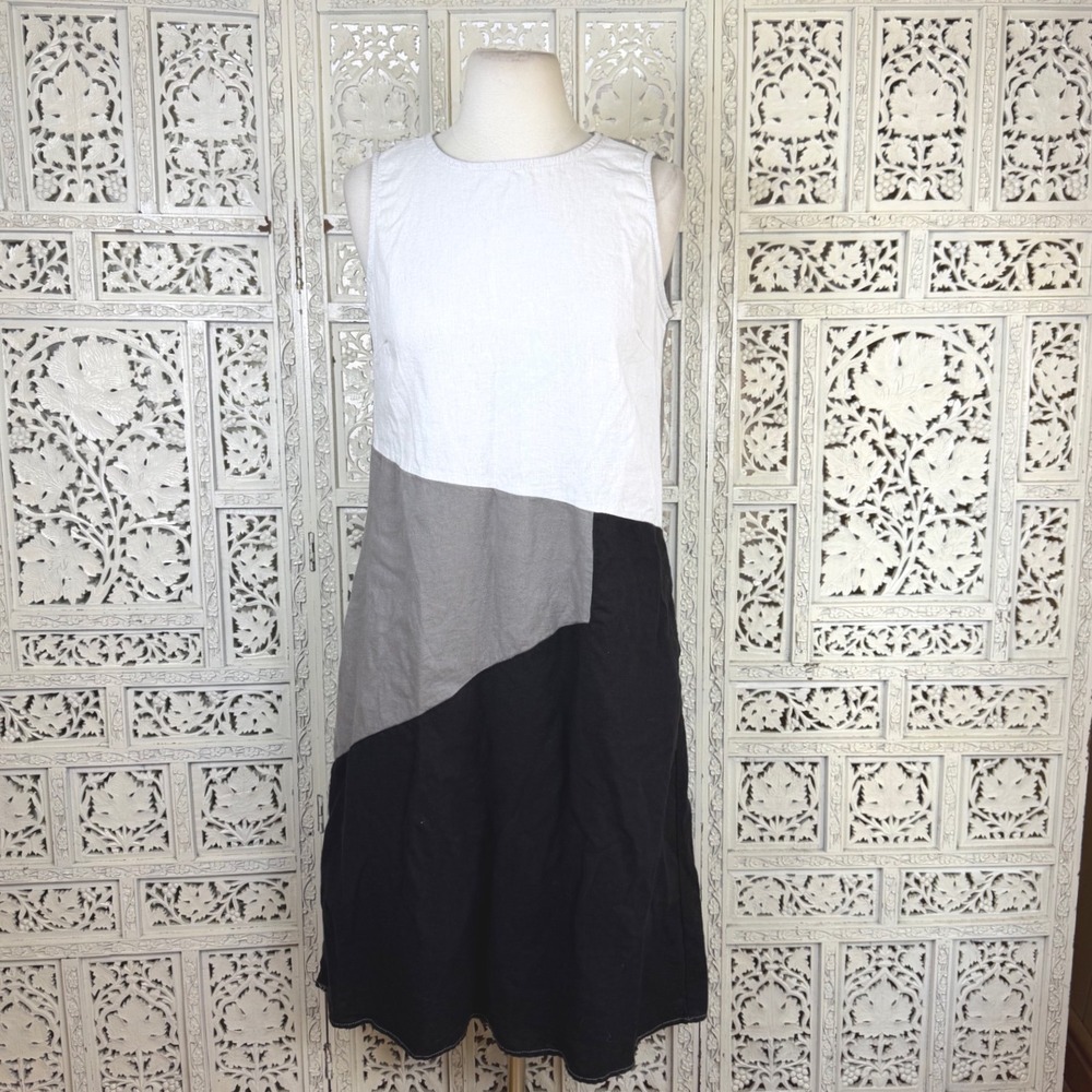 For Cynthia Linen Blend Patchwork Sleeveless‎ Dress Sz Small Boho Minimalist